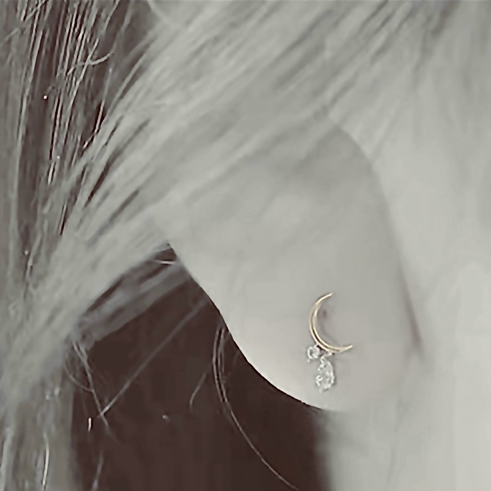 “Tears from the Moon” Crescent Sliver Dripping Crystals Swarovski Tiny 14K Studs - Picture 3 of 12